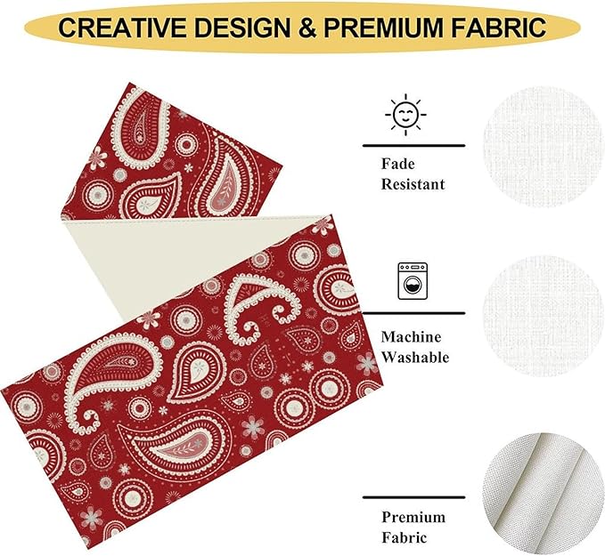 Red Paisley Table Runner, Retro Boho Ethnic Tribal Style Paisley Floral Ikat Pattern Rustic Table Dresser Scarves Table Setting Decor for Garden Farmhouse Dining Kitchen Table Decoration 13x36