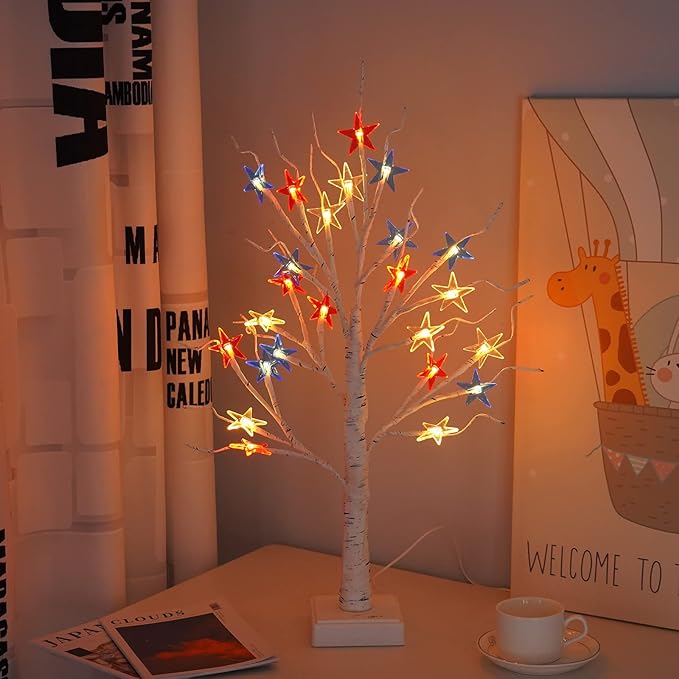 4th of July Patriotic Decorative DIY Artificial Tree Lamp, 24 LED Birch Tree Lights, Battery/USB Operated Fourth of July Independence Day Lighted Tree for Home Table Party Decor（Colorful）