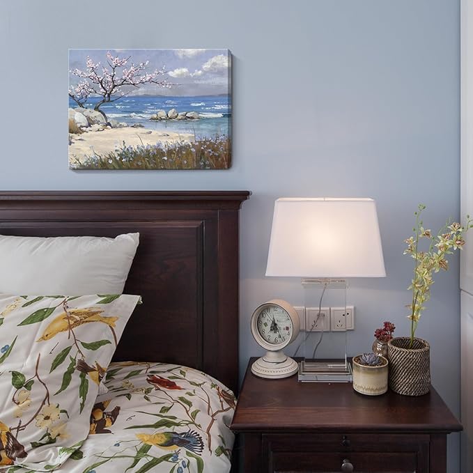 amatop Coastal Wall Art Small Bathroom Bedroom Kitchen Decor, Serene Pink Blossom Floral Tree Shore Calm Sea Beach Landscape Canvas Print Blue Ocean Scenery Abstract Nature Artwork for Walls 16x12 In