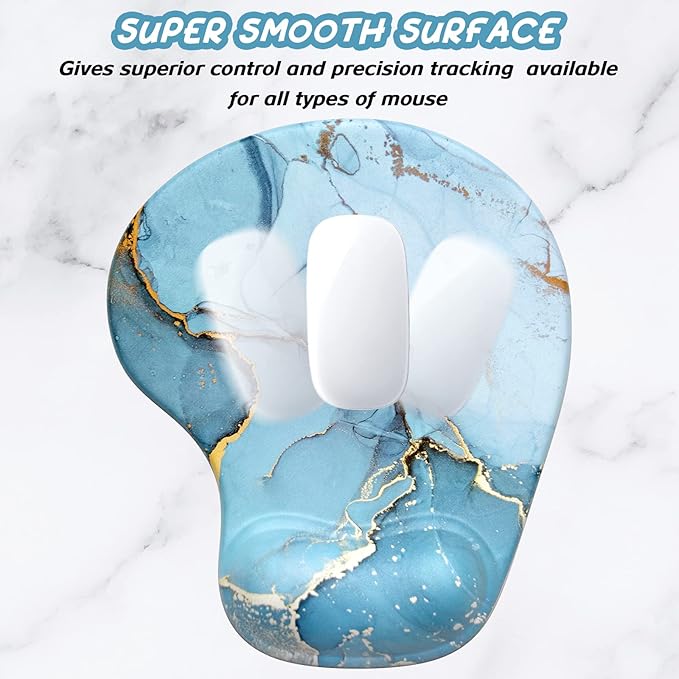 Hsurbtra Ergonomic Mouse Pad with Wrist Rest Support, Gel Mouse Pads with Non-Slip PU Base, Pain Relief Memory Foam Computer Mat, Cute Office Supplies Desk Decro Accessories, Blue Marble