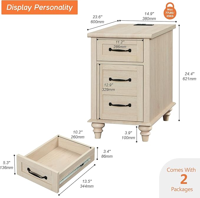 WAMPAT 2 Pack End Tables with Charging Station, Farmhouse Narrow Side Table with Drawer & Storage Cabinet, Beige Nightstand with Power Outlets & USB Ports for Living Room, Bedroom