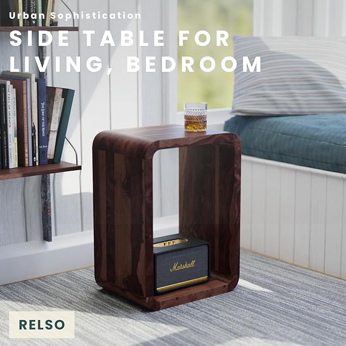 Relso Aurora End Table Solid Sheesham Wood Nightstand with Open Shelf Storage, Walnut Finish Bedside Table, Side Table for Bedroom, Living Room, Entryway, Small Spaces, Accent Bookshelf