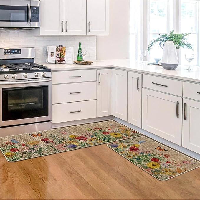 Artoid Mode Wood Flowers Butterfly Spring Kitchen Mats Set of 2, Seasonal Home Decor Leaves Low-Profile Kitchen Rugs for Floor - 17x29 and 17x47 Inch