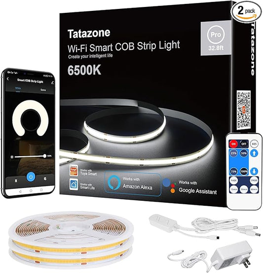 Smart White COB Led Strip Light with App and Remote, 32.8ft 6500K WiFi Bright COB Light Strip Work with Alexa Google, Dimmable Indoor COB Strip Lights for Room, Cabinet, 2 Rolls of 16.4ft