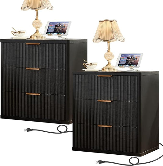 LEYAOYAO 23" Wide Fluted Farmhouse Night Stand Set of 2 with Charging Station, 3 Drawers Large End Table w/Metal Handle,Black Nightstand Bedside Table,Wood Dresser for Bedroom, Closet