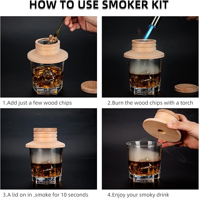 Premium Cocktail Smoker Kit with 6 Wood Smoking Chip Flavors - Perfect for Old-fashioned, Whiskey, and Bourbon Lovers. Great Gift Idea for Husband, or Father's Birthday, Holidays. (Torch Not Included)