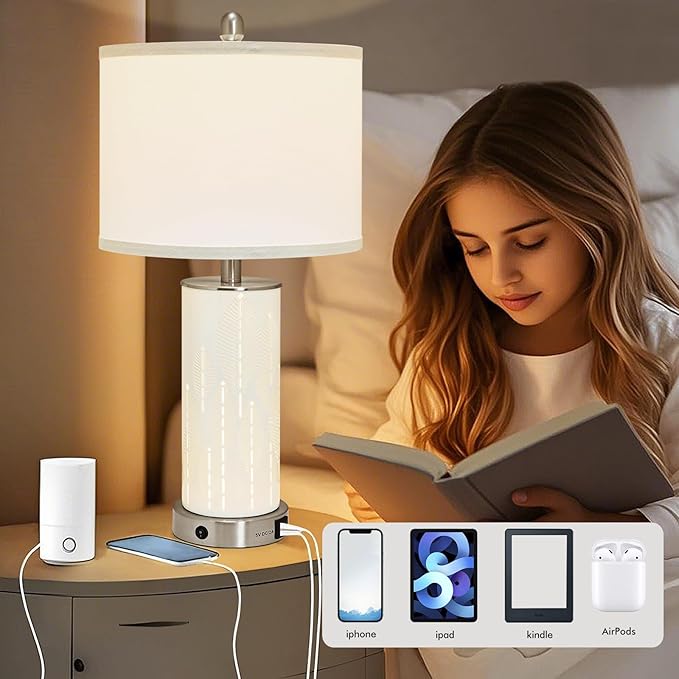 Ceramic Engraved Translucent Light Decorative 25" Table Lamps Set of 2 with Nightlight,E26 Socket&Rotary Switch,USB A+C Ports,Modern Bedside Lamps for Nightstand,Bedroom(Bulbs Included)