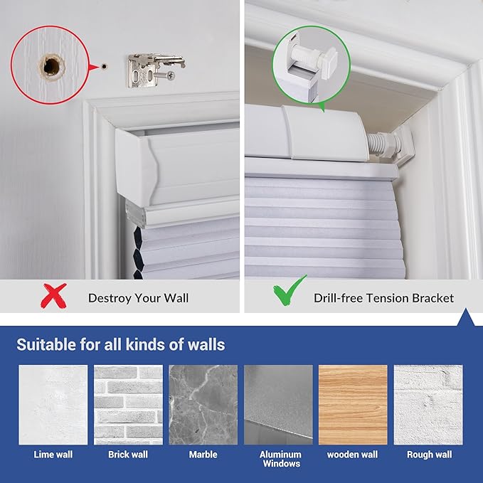 No Drill No Tools Cellular Shades Top Down Bottom Up Blackout Blinds for Windows Cordless Honeycomb Window Shades Easy to Install for Home, Light Filtering-Grey, Customized Size