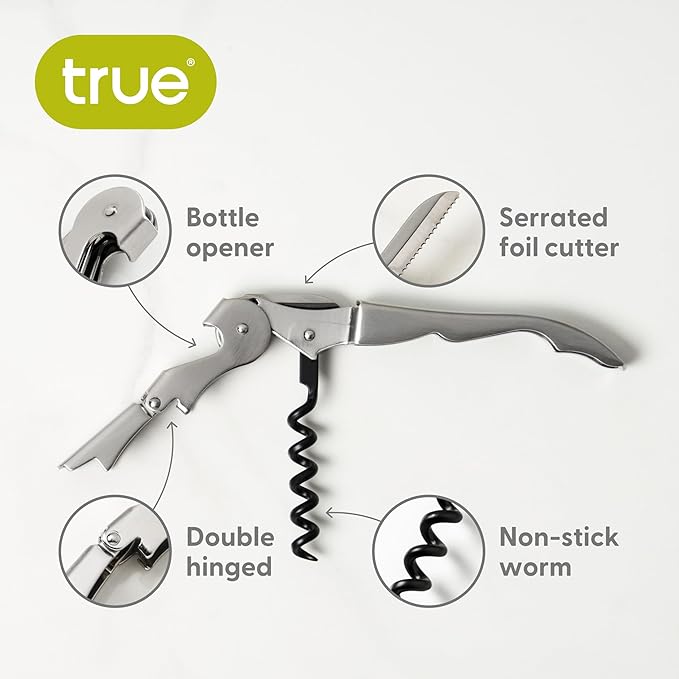 True Truetap Double Hinged Waiter's Corkscrew Wine Opener, Stainless Steel Wine Bottle Opener with Built In Foil Cutter, Home Bar Tools, Bar Cart Accessories, Wedding Gifts, Set of 1, Silver