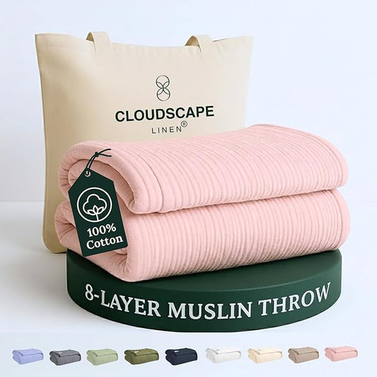 Cloud Scape Linen Extra Large 8-Layer Muslin Throw Blanket, 100% Cotton Gauze Blanket for Couch, Sofa, Bed, Lightweight, Suitable for All Season,50x70, Seashell Pink