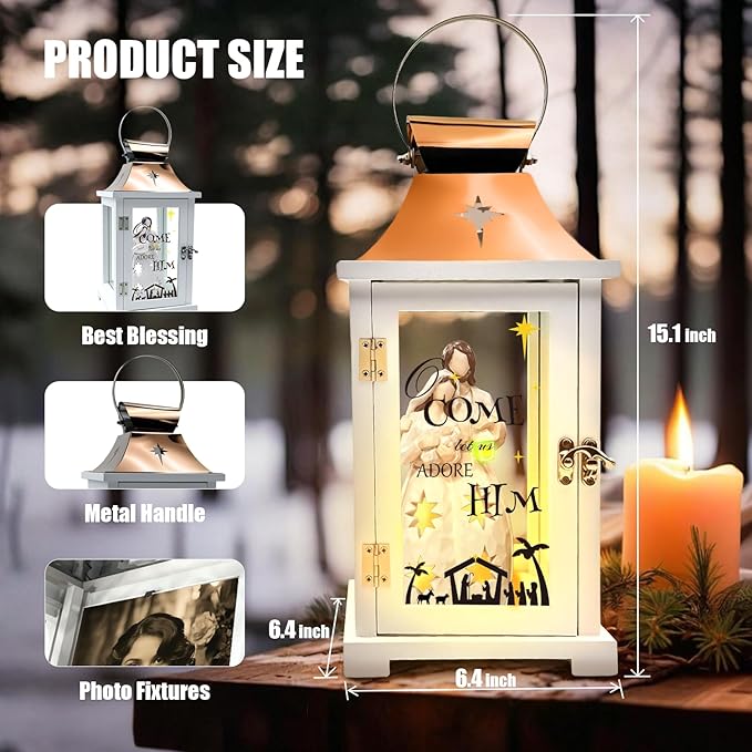 Christmas Nativity Set for Table Centerpieces, Nativity Christmas Lantern for Modern Farmhouse Decor, Hanging Candle Lantern for Xmas Home Decor Indoor, Resin Nativity Figurine