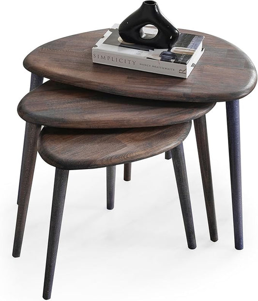 Solid Wood Nesting Coffee Table Set of 3 - Mid Century Modern Pebble Tables with Tapered Legs – Wooden Home Furniture in a Retro Style (Anthracite)