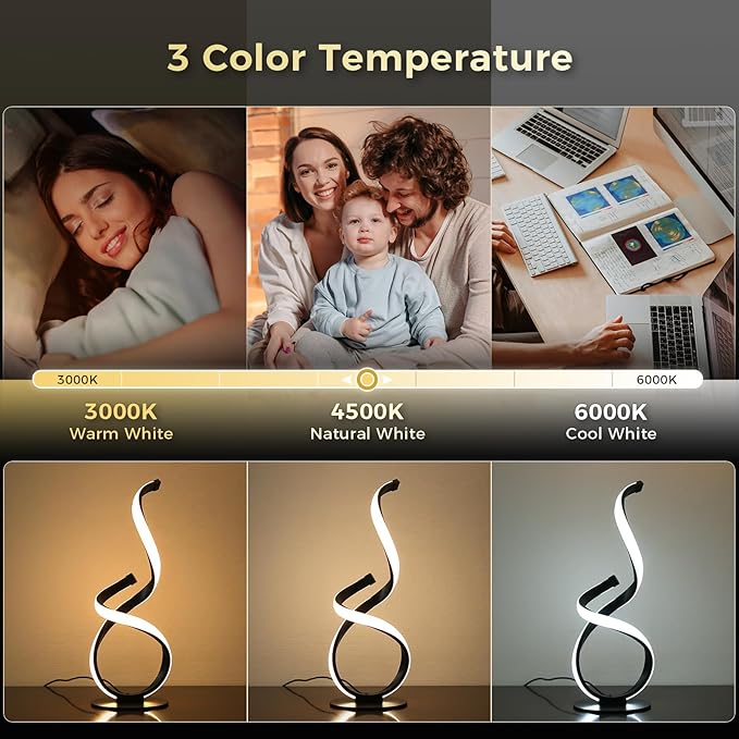 2 Pack Modern Touch Lamp for Nightstand, Spiral LED Table Lamp, Dimmable 3 Color Temperature Night Stand Desk Lamp, Unique Bedside Light for Living Room, Bedroom, Ideal Gift, Black