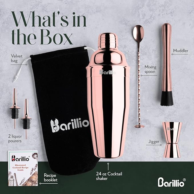 Barillio Rose Gold Mixology Bartender Kit - 8 pcs Stainless Steel Travel Cocktail Shaker Set with Bag - Copper Bar Tools Set | Martini Shaker, Drink Mixer Spoon & Mojito Muddler, Pourers & Jigger