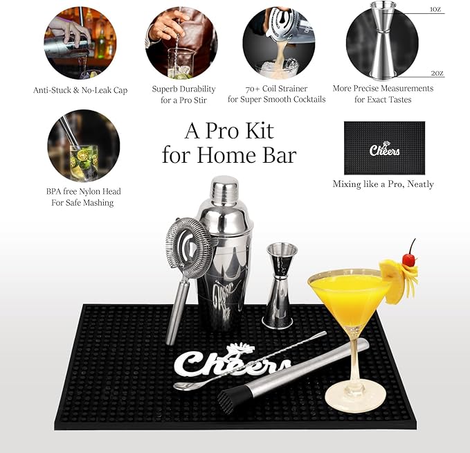Lexenic Professional Starter Bartender Kit Cocktail Shaker Set,6 Piece - Home Bar Tool Set - Drink Mixer Kit with Accessory Tools: Bar Mat,Martini Shaker, Jigger, Strainer, Bar Spoon, Muddler (Kit E)