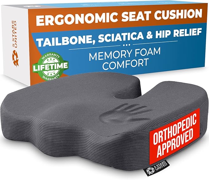 5 STARS UNITED Seat Cushion for Tailbone Pain Relief – Memory Foam Cushion for Coccyx, Hip, Hemorrhoid, Sciatica & Post-Surgery Recovery – Wheelchair, Car, Desk, Gaming & Office Chairs, D Gray