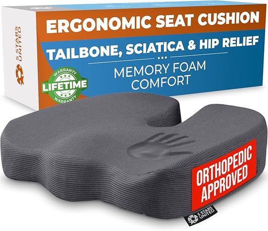 5 STARS UNITED Seat Cushion for Tailbone Pain Relief – Memory Foam Cushion for Coccyx, Hip, Hemorrhoid, Sciatica & Post-Surgery Recovery – Wheelchair, Car, Desk, Gaming & Office Chairs, D Gray