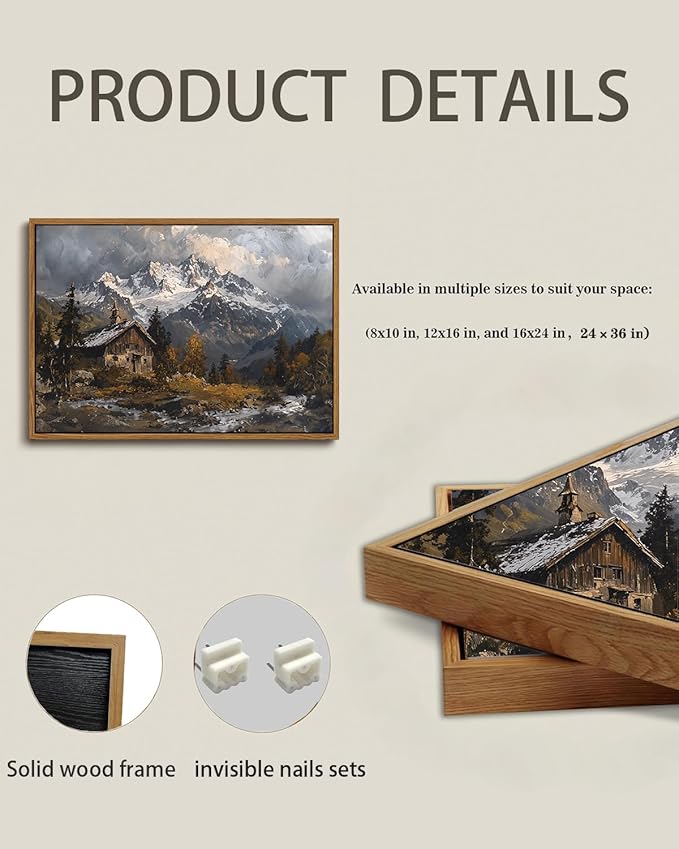 KISSFOX Vintage Landscape Alpine Canvas Wall Art Winter Farmhouse Snow Mountain Chalet Framed Wall Art Natural Countryside Paintings Artwork Rustic Art Prints For Bedroom Bathroom Living Room