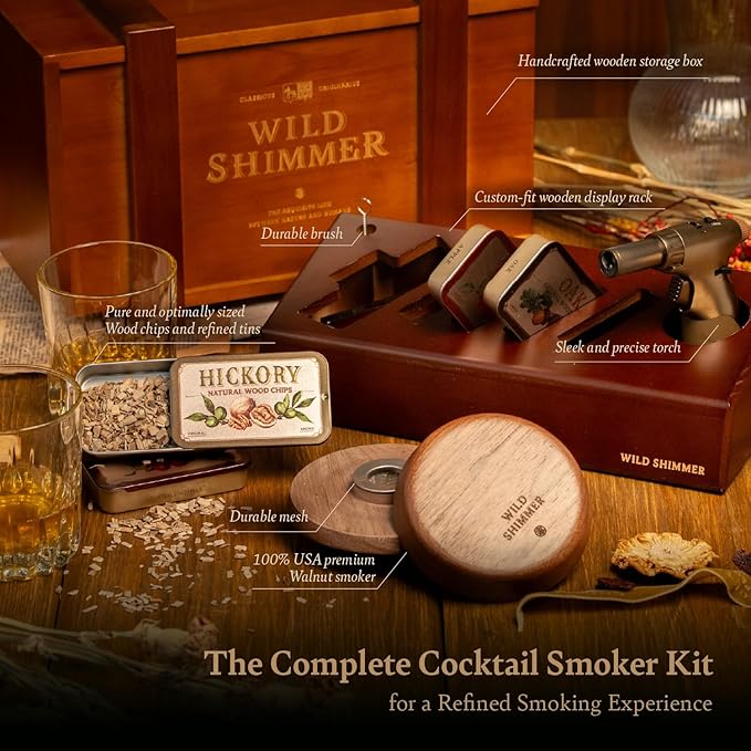 Cocktail Whiskey Smoker Kit with Torch, Wooden Box & Stand | Premium USA Walnut Smoker & 4 Flavors Natural Wood Chips | Old Fashioned Smoker Kit | Bourbon Gifts for Men