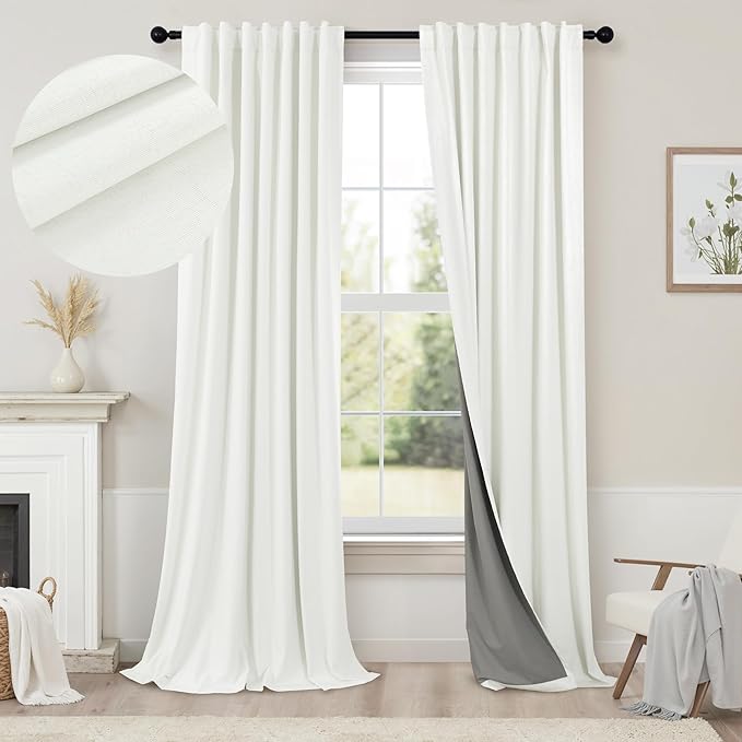 102 Inch Blackout Curtains 2 Panel Set Length Modern Decorative Dark Out Curtain for Bedroom Heat Cold Blocking Window Thermal Insulating Ceiling Drape for Living Room 102 Inches Long Ivory Off White