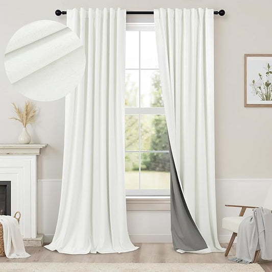 102 Inch Blackout Curtains 2 Panel Set Length Modern Decorative Dark Out Curtain for Bedroom Heat Cold Blocking Window Thermal Insulating Ceiling Drape for Living Room 102 Inches Long Ivory Off White