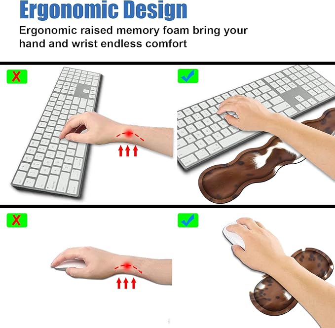 4 in 1 Ergonomic Memory Foam Mouse Pad Wrist Rest Set, Large XXL Gaming Desk Pad + Keyboard Wrist Rest + Mouse Wrist Cushion + Coaster for Home Office Study Gaming, Brown Cow Print