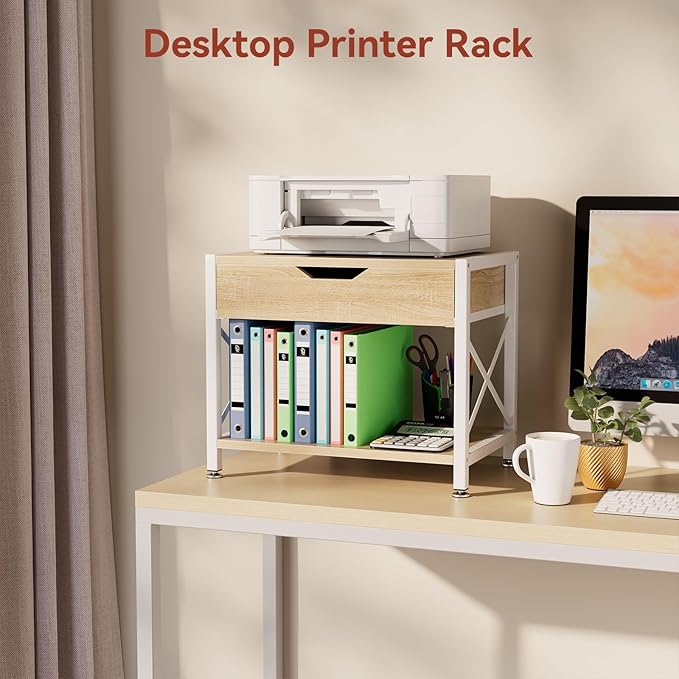 IBUYKE 2 Tier Desktop Printer Stand,Multi-Purpose Desk Organizer,Wooden Printer Stand with Drawer Storage for Folders,Books,for Fax Machine, Scanner,Home Office,Light Wood TLJ012R