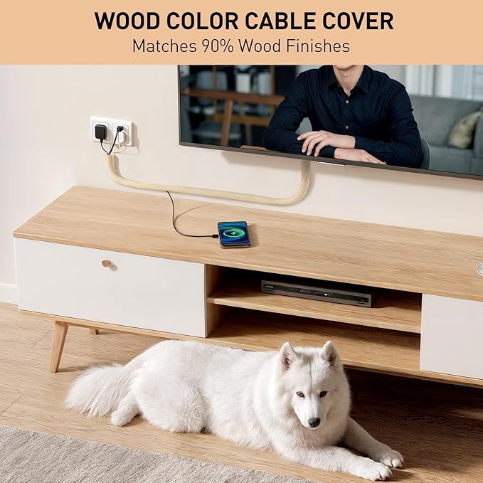 AGPTEK Cable Sleeve Cover, 10ft - 1.5 inch Desk Cord Organizer Cable Hider, Home Office Wire Management Computer TV Wire Loom Tubing, Pet Proof Cord Protector, from Cat Dog Chewing, Wood Color