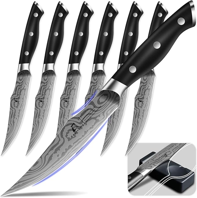Steak Knives Set of 6, 4.8 Inch Non Serrated Razor-Sharp Durable Dinner knives with Rest, German Stainless Steel Damascus Pattern Full Tang Forged, Rust Resistant & Easy to Maintain