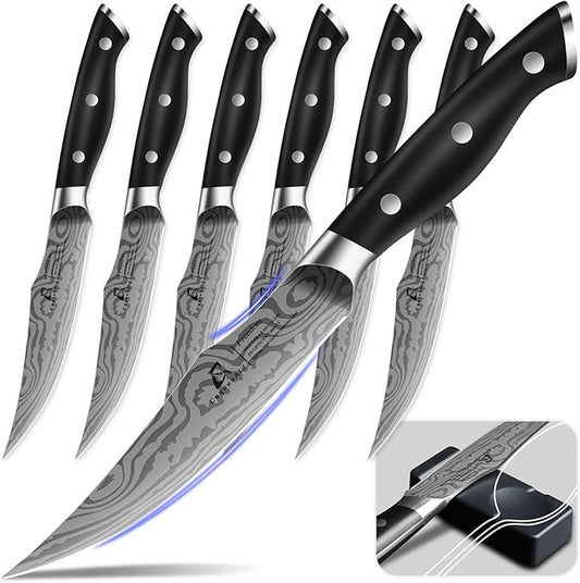 Steak Knives Set of 6, 4.8 Inch Non Serrated Razor-Sharp Durable Dinner knives with Rest, German Stainless Steel Damascus Pattern Full Tang Forged, Rust Resistant & Easy to Maintain