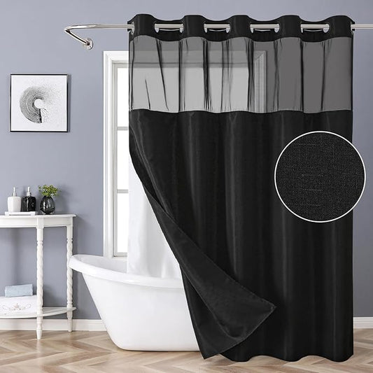 Black Long No Hook Shower Curtain with Snap-in Fabric Liner Set,Slub Textured Fabric Shower Curtains for Bathroom,Hotel Style Modern Shower Curtain,Water Repellent & Washable,71x80(78)