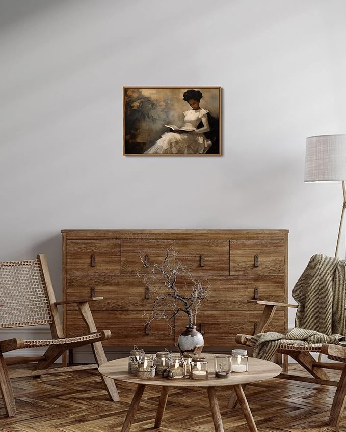 KISSFOX Vintage Portrait Framed Wall Art African American Canvas Wall Art Neutral Rustic Woman Reading Paintings Artwork Serene Countryside Art Prints For Bedroom Living Room