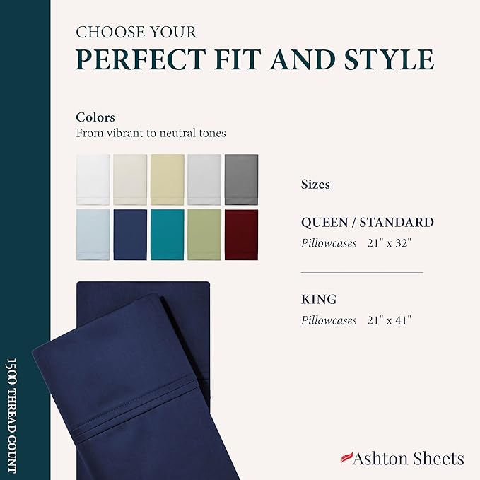 Ashton Sheets 100% Egyptian Cotton Pillow Cases King Size Set of 2 - Luxury 1500 Thread Count Sateen Weave Navy Blue Pillow Covers, Silky Soft, Breathable & Cooling Pillowcases, Fits King Size Pillows