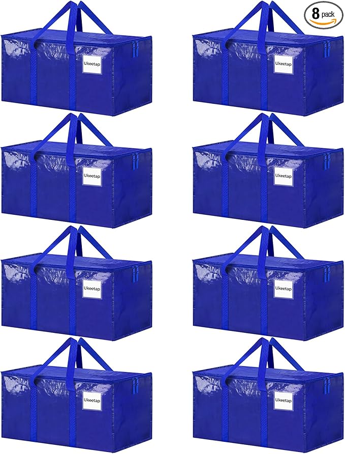 8 Pack Extra Large Heavy Duty Moving Bags, Blue Storage Bins with Lids, Reinforced Handles & Heavy-Duty Zippers Moving Boxes Storage Bags Totes for Clothes Packing, Dorms, College Supplies, Blue