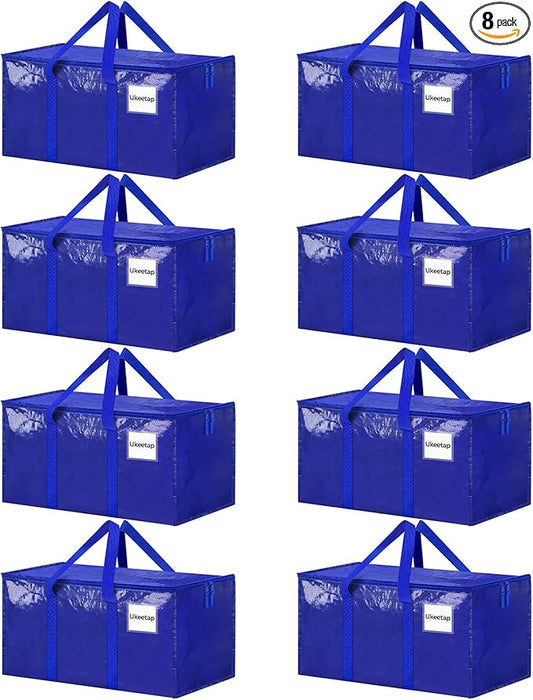 8 Pack Extra Large Heavy Duty Moving Bags, Blue Storage Bins with Lids, Reinforced Handles & Heavy-Duty Zippers Moving Boxes Storage Bags Totes for Clothes Packing, Dorms, College Supplies, Blue
