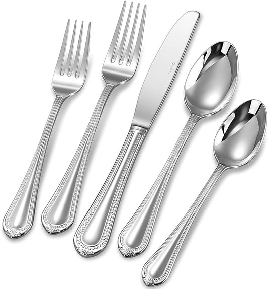 KEAWELL Pearl Edge Premium 45-Piece Refined Bead Silverware Set, 18/10 Stainless Steel, Service for 8, Fine Flatware Set with Serving Utensils, Dishwasher Safe (45, Silver)