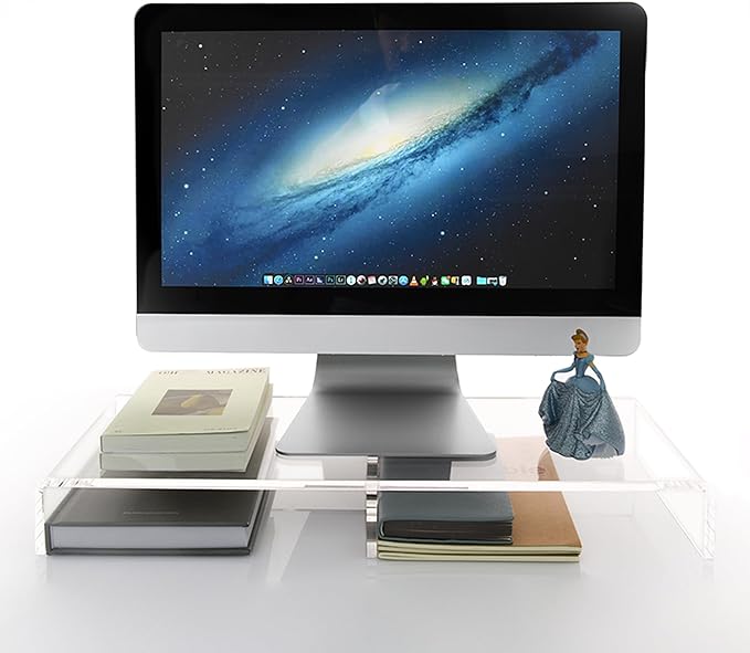 20" Crystal Clear Acrylic Monitor Stand Riser - Fits iMac/Printer/TV, Ergonomic 3" Elevation w/Hidden Keyboard Storage, Sleek Desk Organizer for Home Office