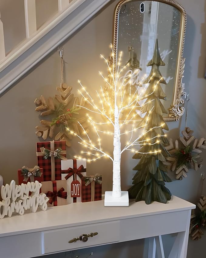 24 Inch Birch Tree with 144 LED Lights, Artificial Lighted Mini White Light Up Tree with Timer for Christmas Indoor Home Mantle Tabletop Centerpiece Decor