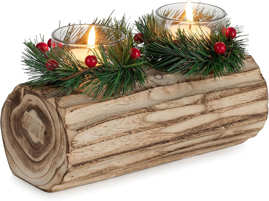 Romadedi Candle Holder Christmas Centerpiece Decoration - Wood Tealight Holders with Mini Wreaths Yule Log Tea Light Coffee Table Table Rustic Farmhouse Home Decor Gift