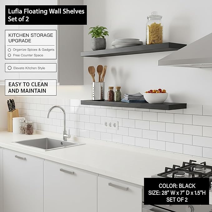 Lufia Floating Wall Shelves, Set of 2, MDF with Invisible Brackets, Modern Storage for Bedroom, Bathroom, Living Room, Kitchen (Black, 28" W X 7" D X 1.5" H)