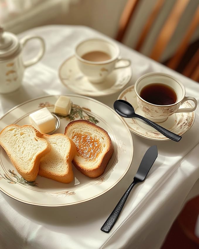 45-Piece Silverware Set with Serving Utensils, Ollex Durable Stainless Steel Black Hammered Flatware Set for 8 with Knives Forks Spoons Large Serving utensil Set for Home Restaurant, Dishwasher Safe