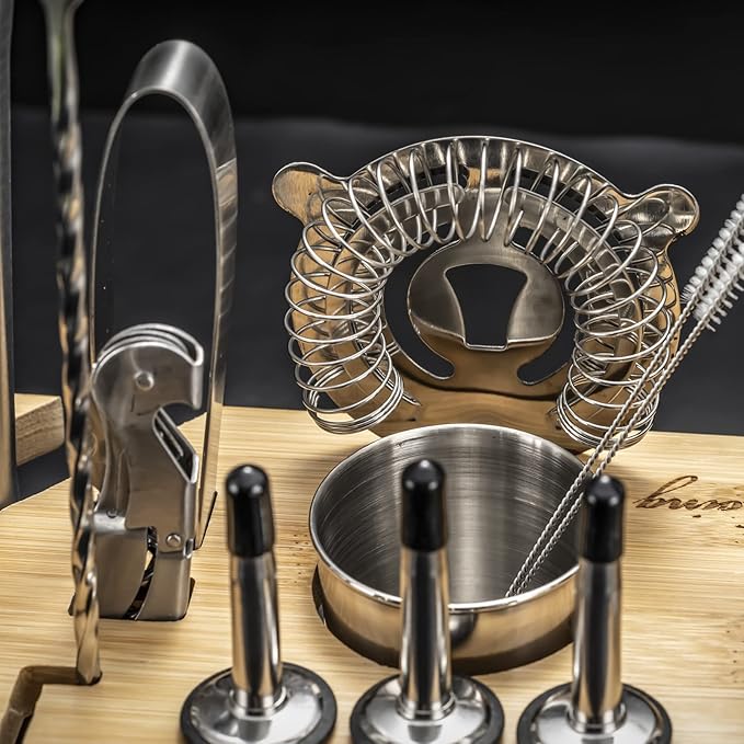 SOING Mixology 24-Piece Bartender Kit,Perfect Home Cocktail Shaker Set for Drink Mixing,Stainless Steel Bar Tools with Stand,Velvet Carry Bag & Recipes Cards Included