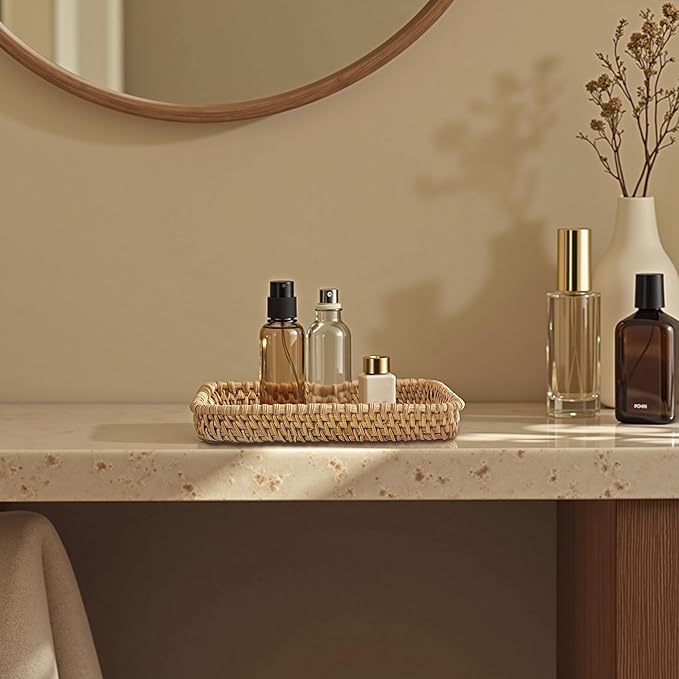 Set of 3 Rectangle Rattan Serving Trays with Mother of Pearl Inlay – Hand-Woven Wicker Trays for Coffee Table, Bathroom, Kitchen Counter or Entryway, Boho Coastal Decor, Tropical Fish Design