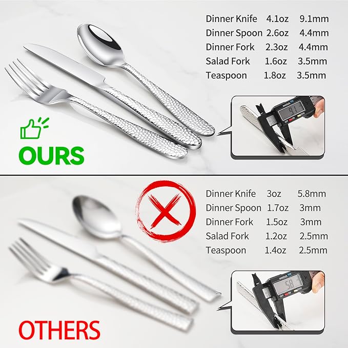 Hammered Silverware Set, 20-Piece Heavy Duty Stainless Steel Flatware Sets for 4, Food-Grade Cutlery Set for Home Restaurant, Mirror Polished, Dishwasher Safe