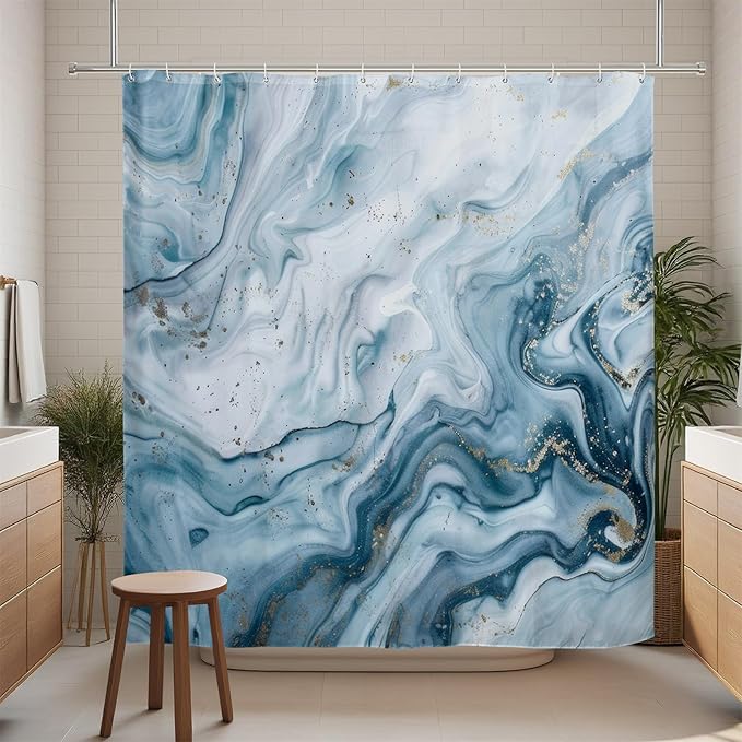 Renaiss Blue Marble Shower Curtain Modern Abstract Blue White Ombre Luxury Art Bathroom Shower Curtain Glitter Waterproof Shower Curtains Set with Hooks Pretty Bathtub Decor 60" W x 72" L