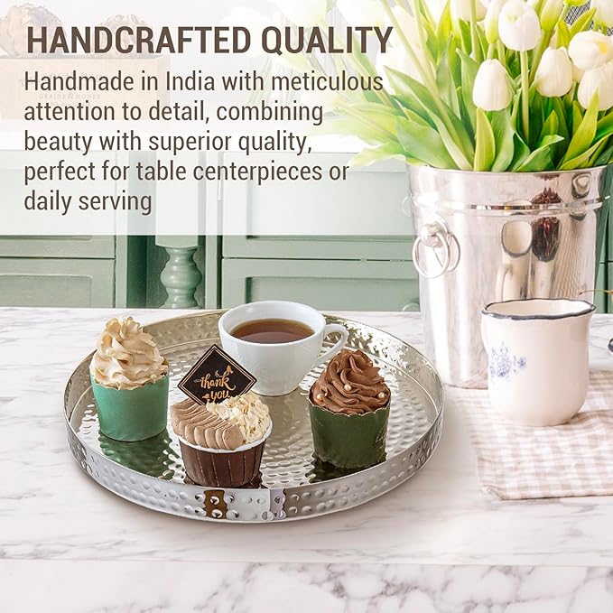 MyGift 11 Inch Deluxe Hammered Silver Round Decorative Tray - Aluminum Plated Serving Display Platter and Vanity Tray - Handcrafted in India