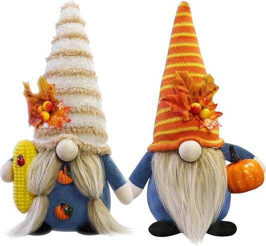 CRCZK Thanksgiving Gnome Decorations, 2Pack Handmade Fall Harvest Gnome Plush Swedish Gnomes Ornaments with Pumpkin Corn Maple Leaves Thanksgiving Gifts Autumn Holiday Home Decorations
