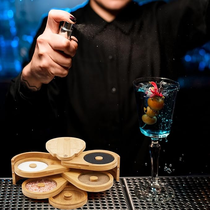 Mifoci Bamboo 5 Tier Margarita Salt Rimmer Set Salt and Sugar Glass Rimmer Set with Lid and 5 Sponges Home Bar Accessories for Cocktails Drinks House Party Bartender Supplies