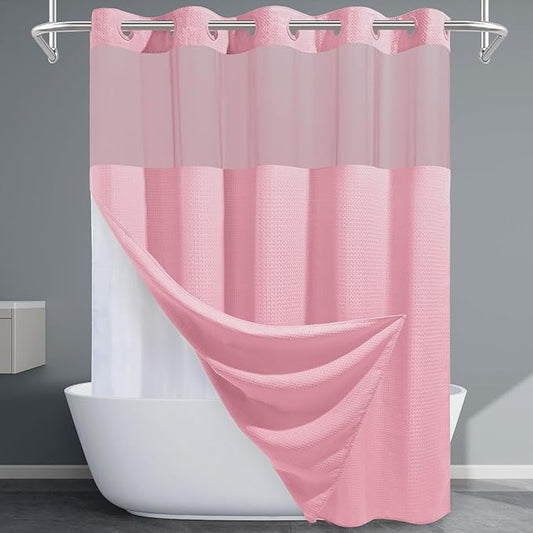 Pink Shower Curtain with Liner - 230GSM Waffle Textured Heavy Duty Shower Curtains for Bathroom,71W x 74H