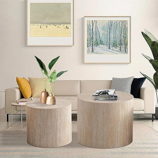 Stylish Nesting Coffee Table Set of 2, Elegant Chic Round Wooden Center Table - Smooth Finish & Easy to Clean, No Assemble Needed (E)
